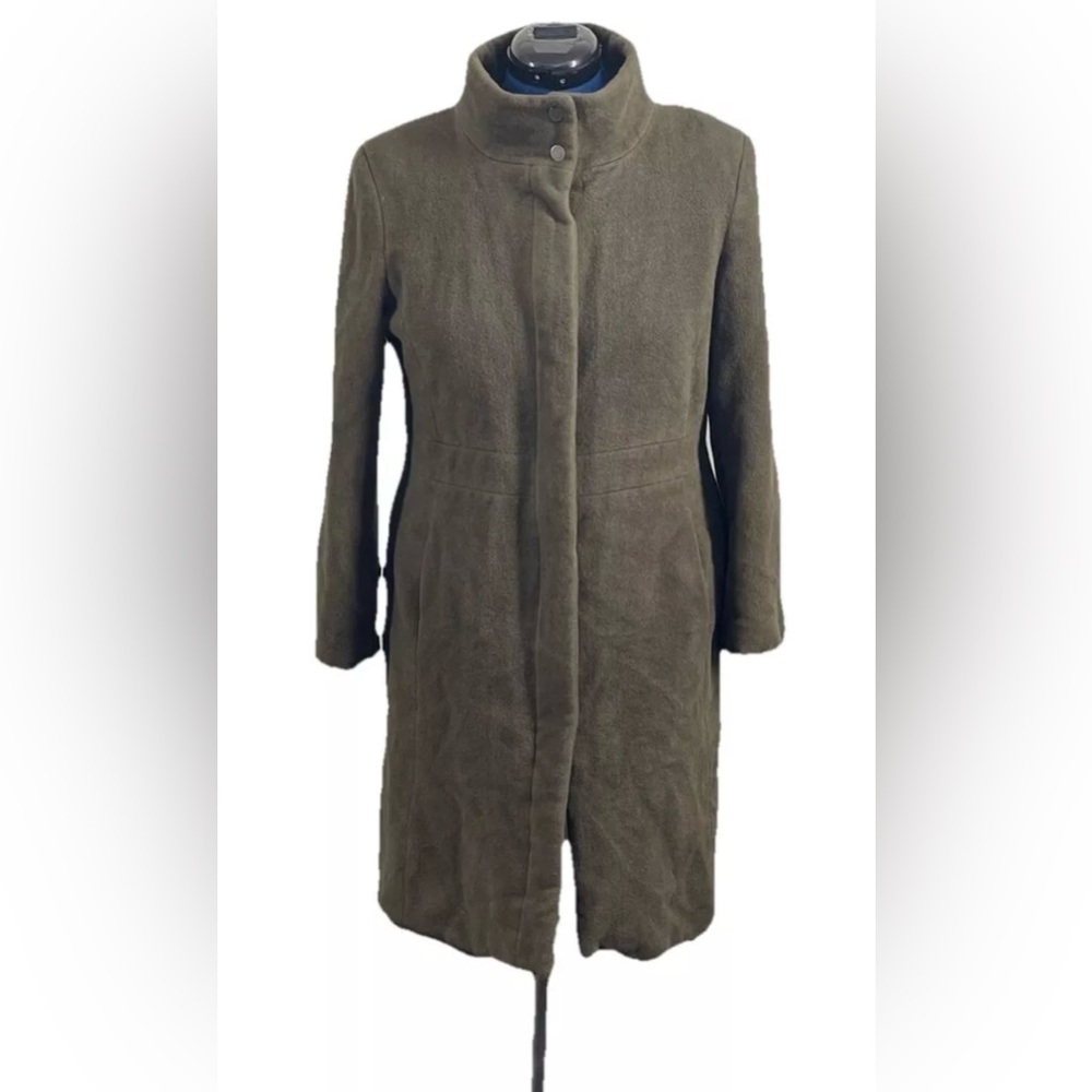 Calvin Klein Angora Wool Blend Trench Coat Olive Green Sz‎ L Mob Wife Mock Neck